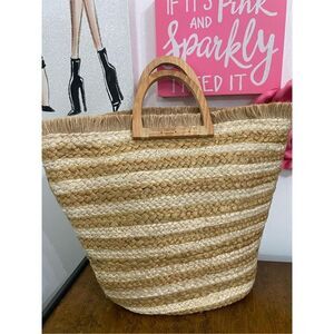 Antik Kraft Stripe Cream Tan Jute Beach Tote Purse